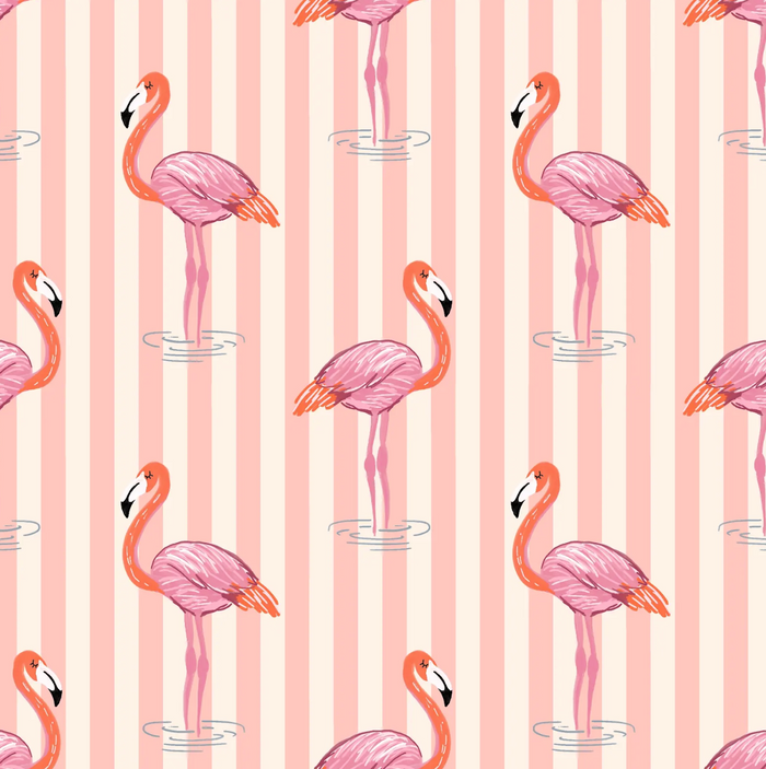 Pattern of pink flamingos on a pink and white striped background
