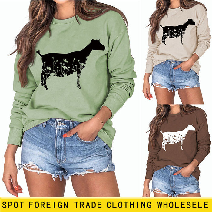 Plant Flower Sheep Print New Autumn and Winter Women's Long Sleeve Loose Large Sweater