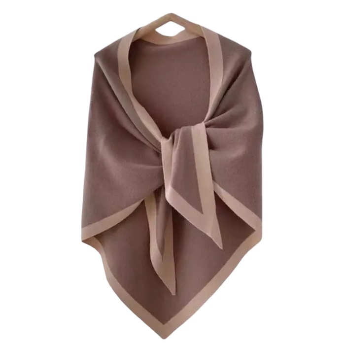 Khaki pointed hem short wrap with draped silhouette and front tie detail hanging on a wooden hanger