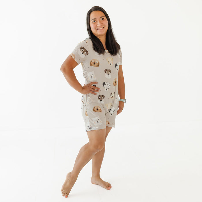 Woman wearing a pajama set with animal pattern on a white background