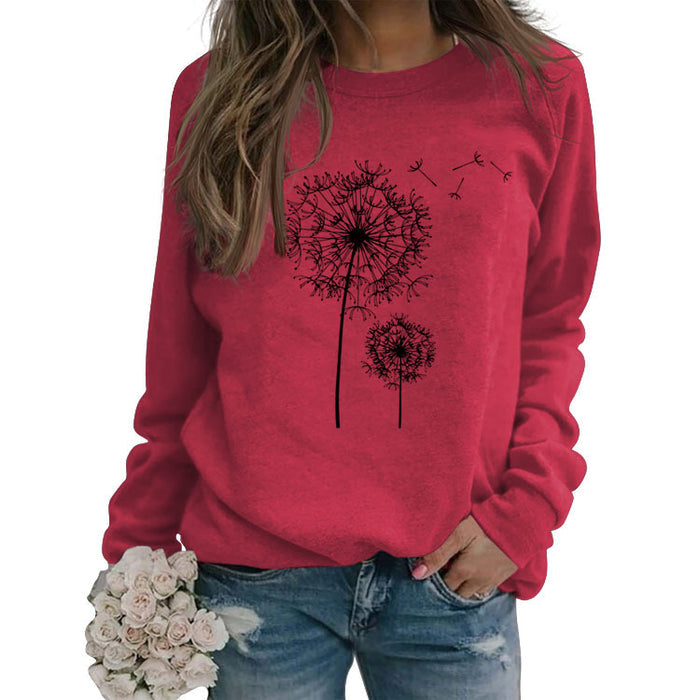 Printed Dandelion Round Neck Ladies Long-sleeved Shirt Loose Sweater