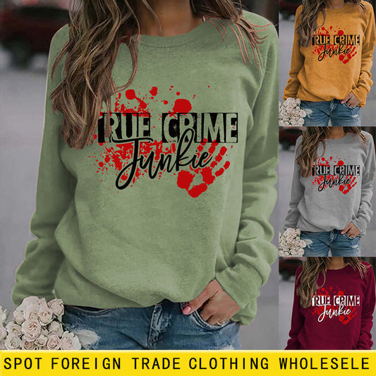 Pullover Letter Print Sweatshirt True Crime Junkie Loose Round Neck for Women
