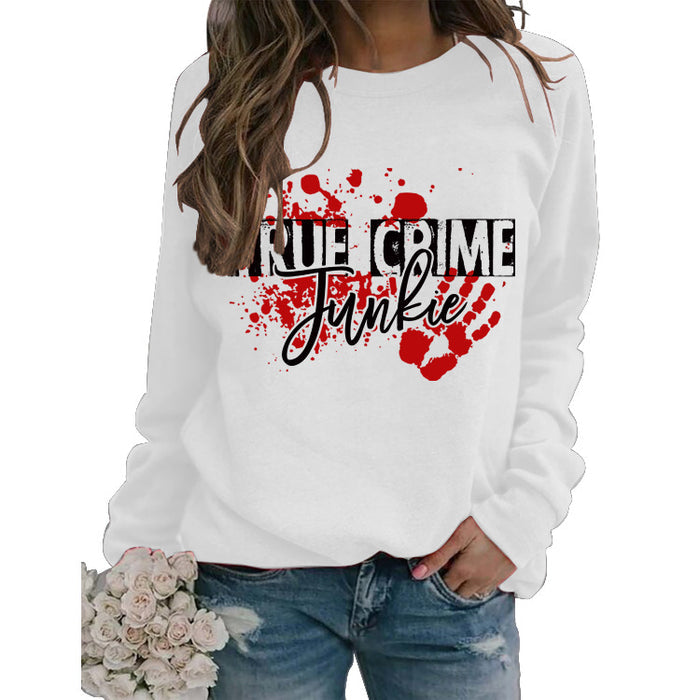 Pullover Letter Print Sweatshirt True Crime Junkie Loose Round Neck for Women