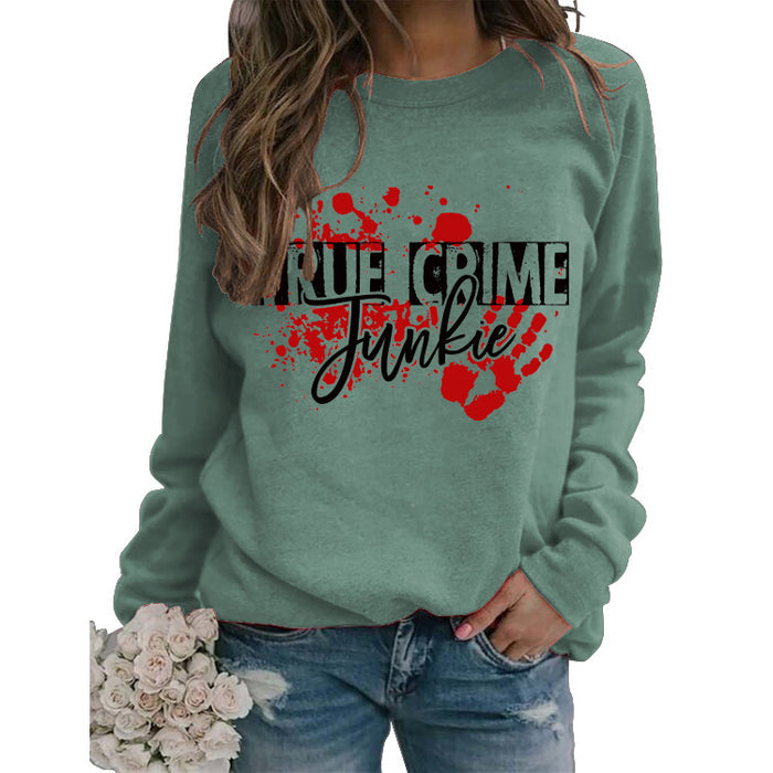Pullover Letter Print Sweatshirt True Crime Junkie Loose Round Neck for Women
