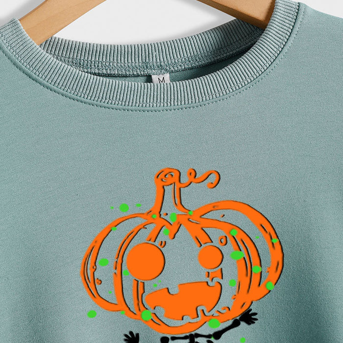 Pumpkin Skull Print Crew Neck Base Long Sleeve Ladies Sweater
