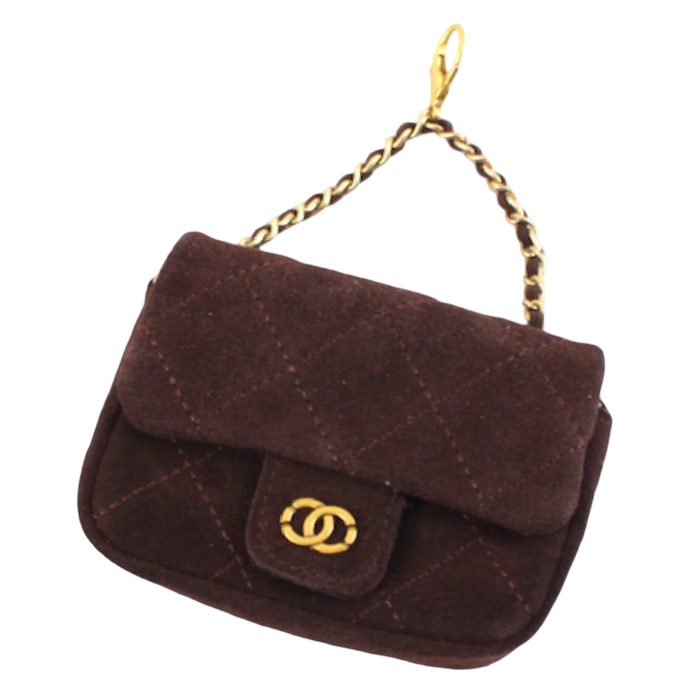 Coffee brown genuine suede mini quilted handbag charm with gold-tone chain and flap closure.