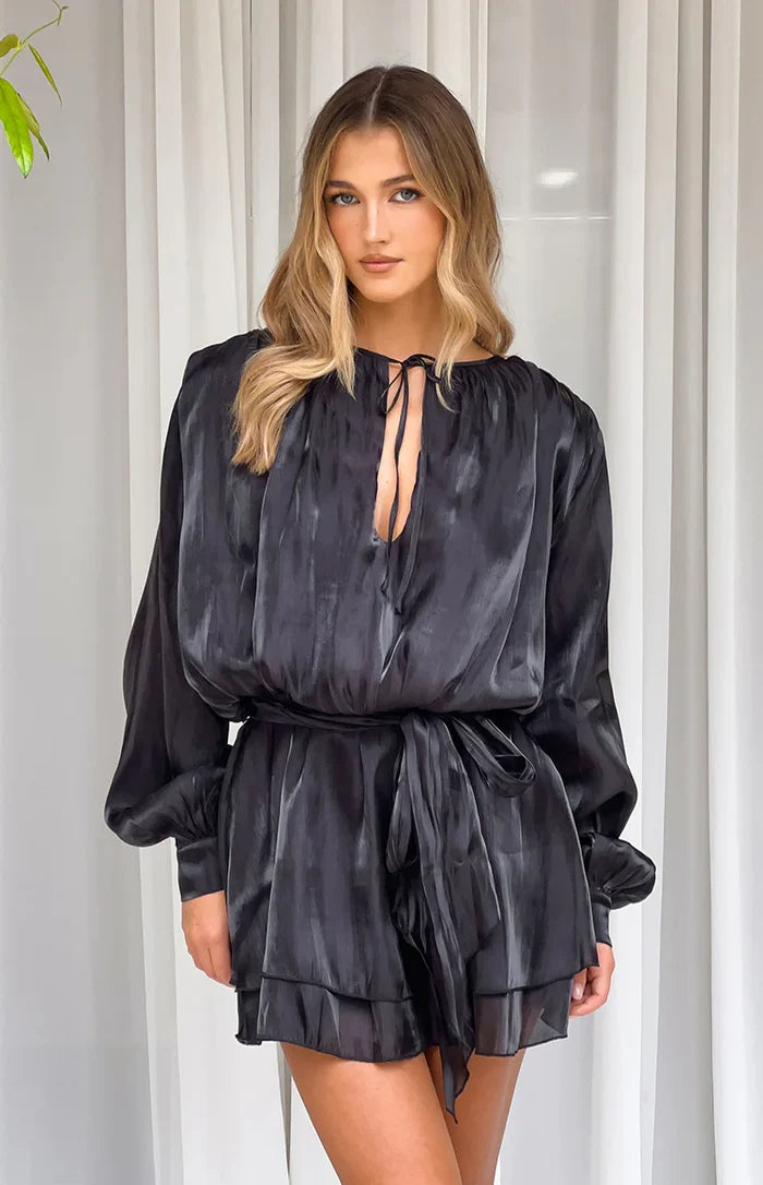 Quinton Black Satin Long Sleeve Tie Mini Dress