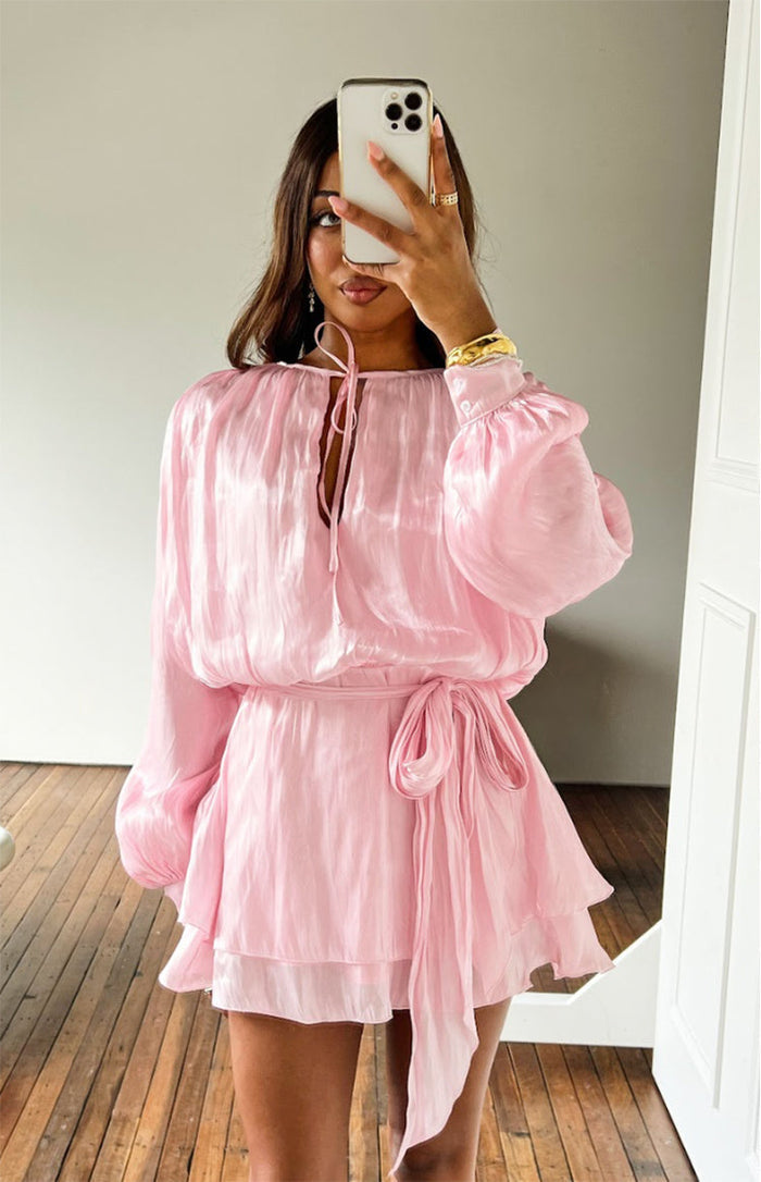 Beginning Boutique Quinton Pink Satin Long Sleeve Tie Mini Dress pink crinkled satin high neck keyhole tie long puff sleeve e