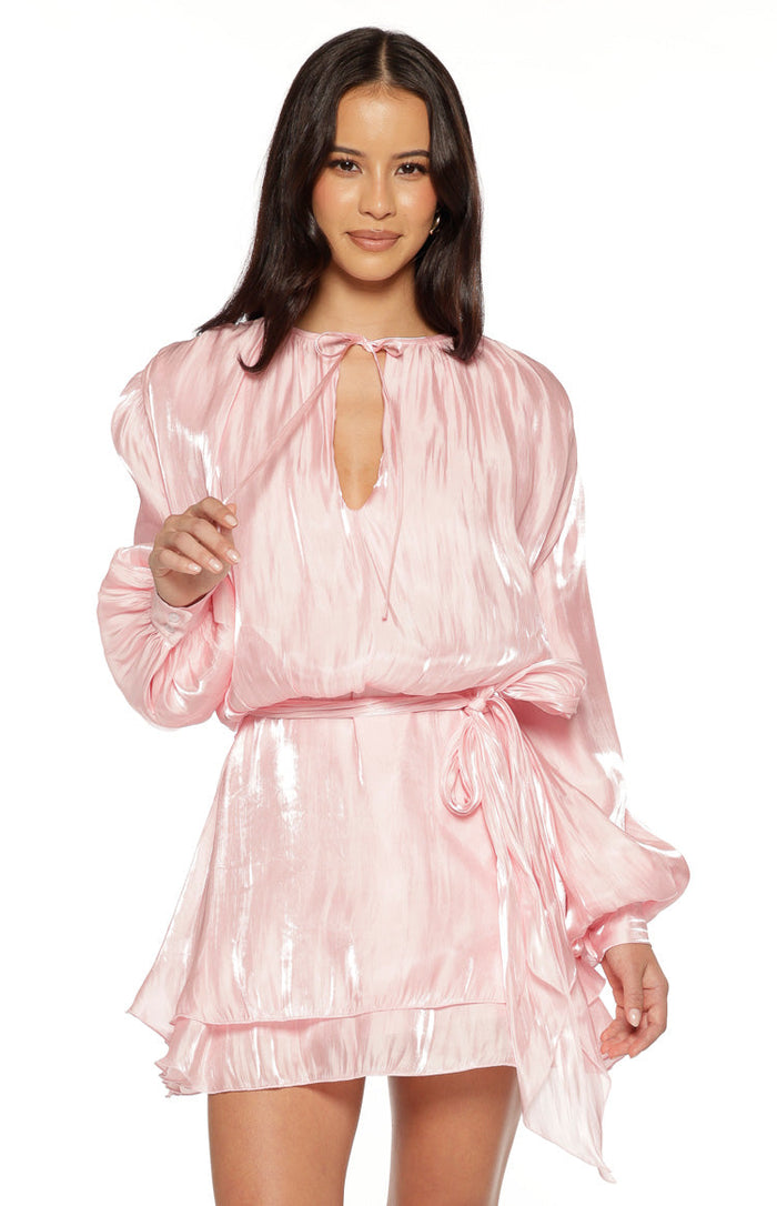 Front view of a pink crinkled satin mini dress with a keyhole tie neckline and voluminous long sleeves