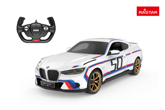 Rastar 1:14 BMW 3.0 CSL RC car in white M-Power livery with number 50 shown beside its retail packaging box; the box displays the car and controller through a window, with "BMW Official Licensed Product" and "R/C Scale 1:14" labels visible.