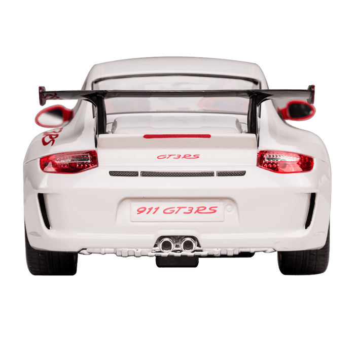 Rastar 1:14 Porsche 911 GT3 RS RC car in white with red accents, photographed from a straight rear angle showing the full-width rear wing, "GT3RS" badging on the engine lid, "911 GT3RS" licence plate, red tail lights, and dual exhaust pipes.