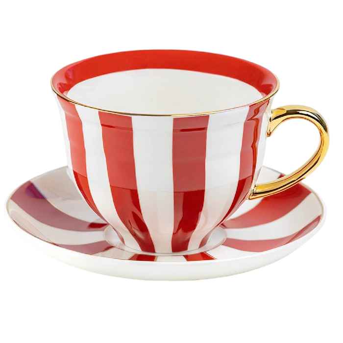 Red and white striped fine porcelain cup and saucer with gold trim by Grace Teaware