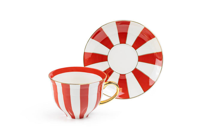 Red and white striped fine porcelain cup and saucer with gold trim by Grace Teaware