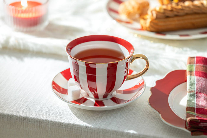 Red and white striped fine porcelain cup and saucer with gold trim by Grace Teaware