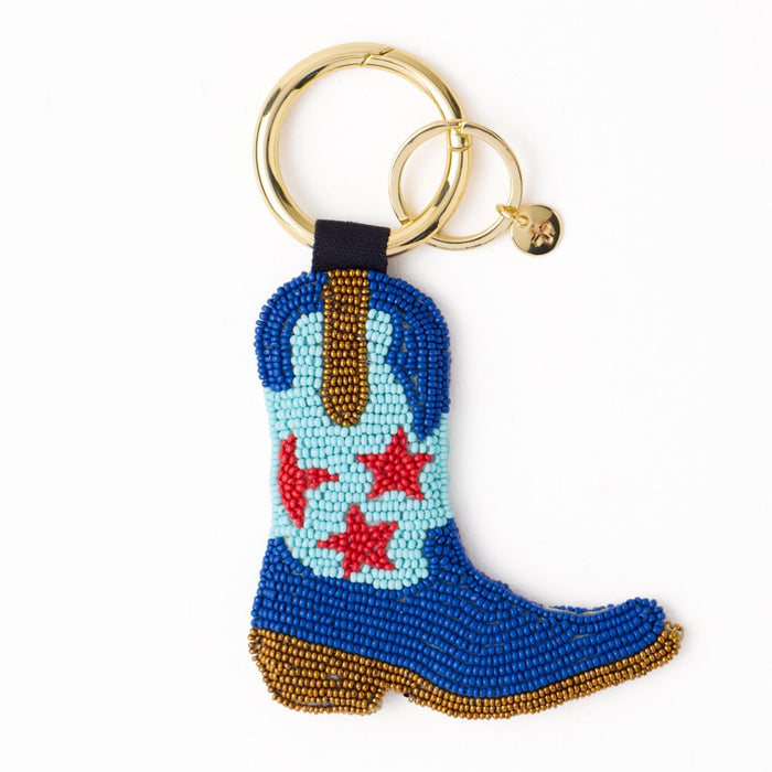 Riley Cowgirl Boot Beaded Bag Charm Blue Key Ring + Bag Charm