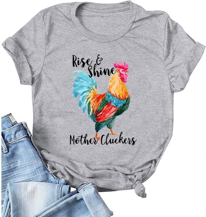 Rise & Shine Mother Cluckers Cute T-Shirt Graphic Shirt for Women