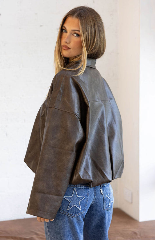 Beginning Boutique River Vintage Brown PU Bubble Hem Bomber Jacket brown oversized PU collared bomber jacket with bubble hem