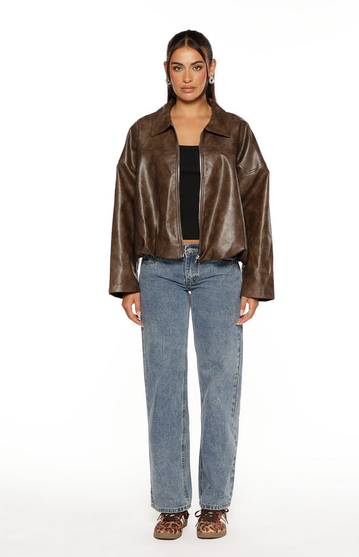 Front view of a vintage brown PU bomber jacket with an open collar, oversized fit, and bubble hem