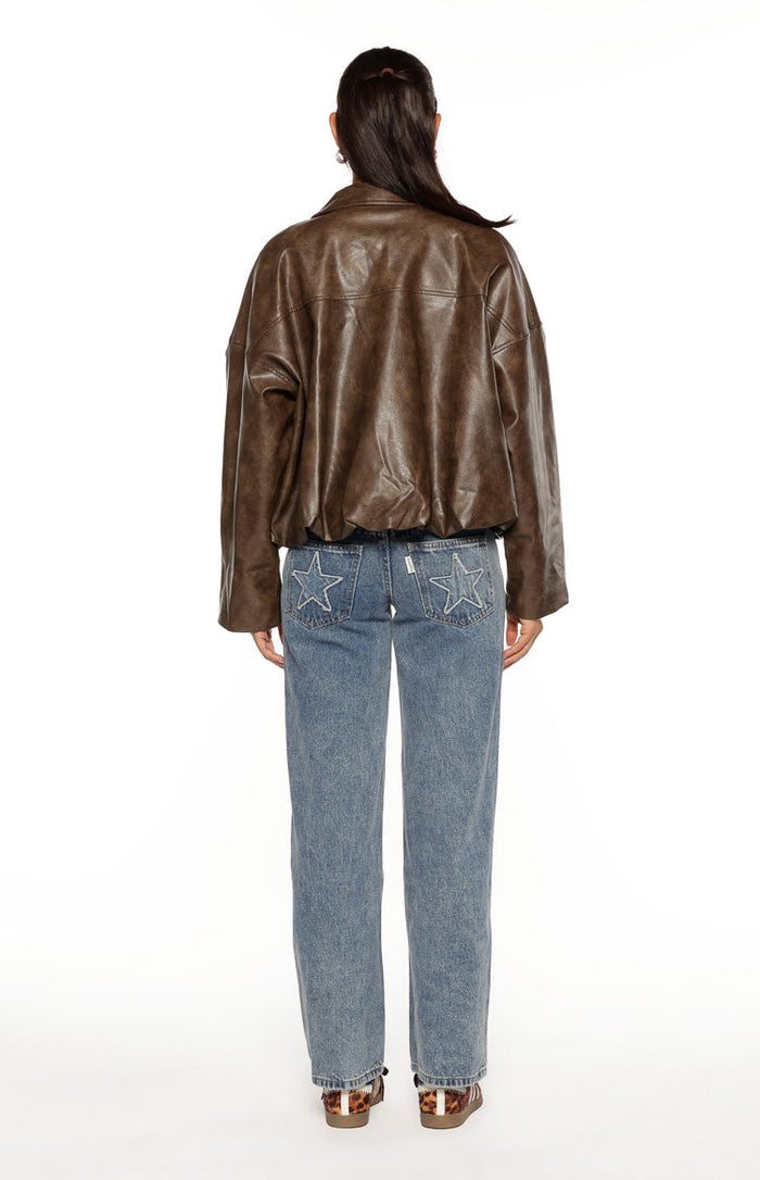 Back view of the brown PU bomber jacket with an oversized silhouette and gathered bubble hem