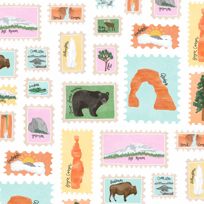 Collection of illustrated postage stamps featuring nature scenes and animals on a white background.