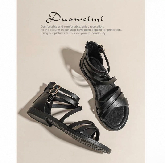 Black sandals with multiple straps on a beige background, featuring the brand 'Duowei'.