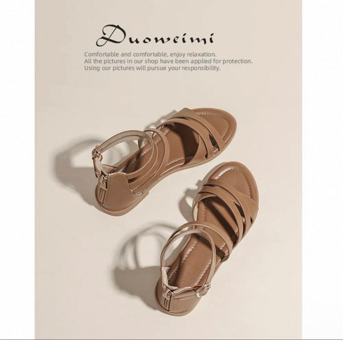Pair of beige sandals on a light beige background with 'Duowei' brand name.