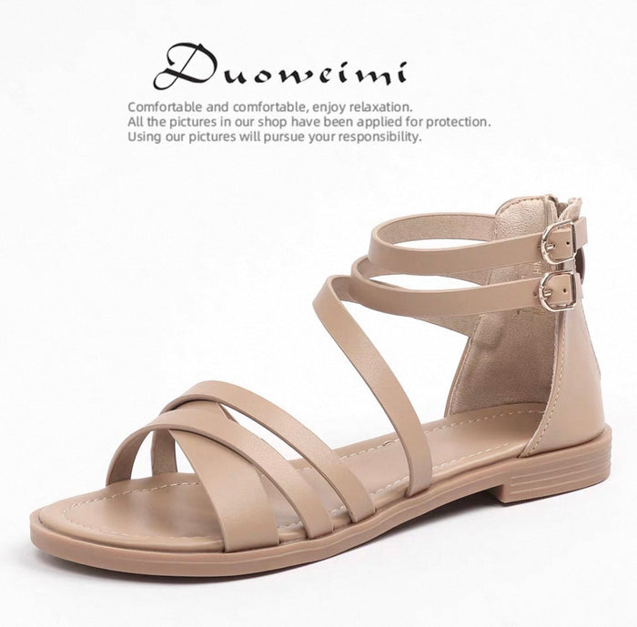 Beige sandal with criss-cross straps on a white background, featuring the brand 'Duoweimi'.