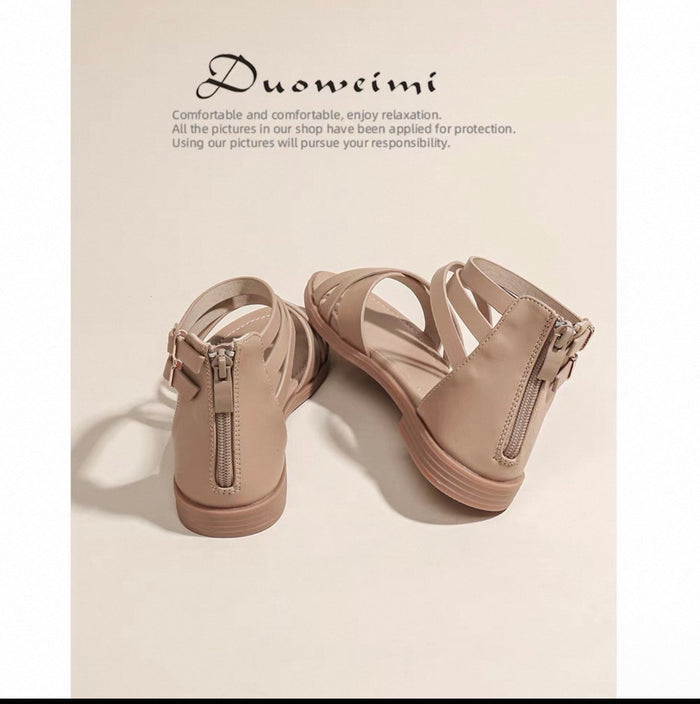 Beige sandals with zippers on a light beige background, featuring the brand 'Duowei'.
