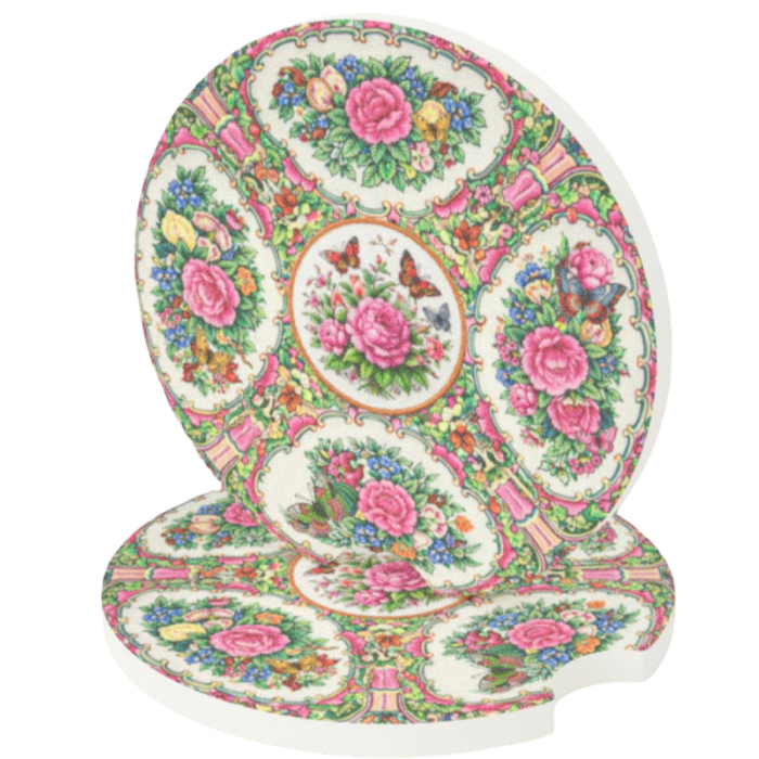 Set of two Rose Canton-inspired soapstone car coasters with pink, green and blue floral chinoiserie pattern