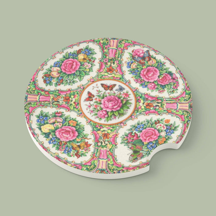 Set of two Rose Canton-inspired soapstone car coasters with pink, green and blue floral chinoiserie pattern