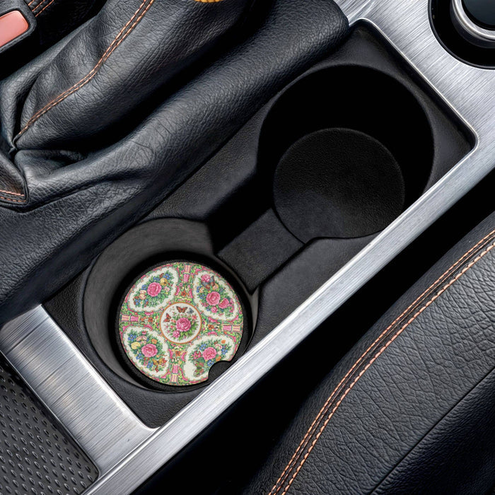 Set of two Rose Canton-inspired soapstone car coasters with pink, green and blue floral chinoiserie pattern