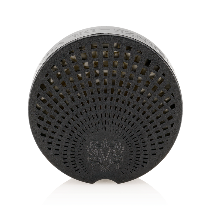 Eclectic Dr Vranjes Rosso Nobile car diffuser refill in a circular black design with intricate ventilation pattern