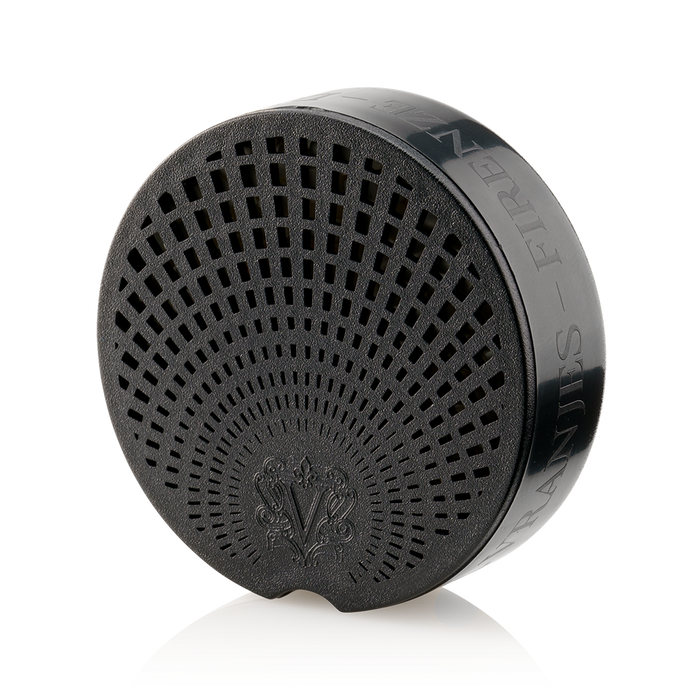 Eclectic Dr Vranjes Rosso Nobile Carparfum refill in a sleek black circular diffuser with intricate grille design.