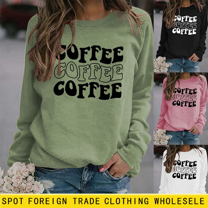 Round Neck Letter COFFEE Tops Women Long-sleeved Printed Loose Sweatshirt
