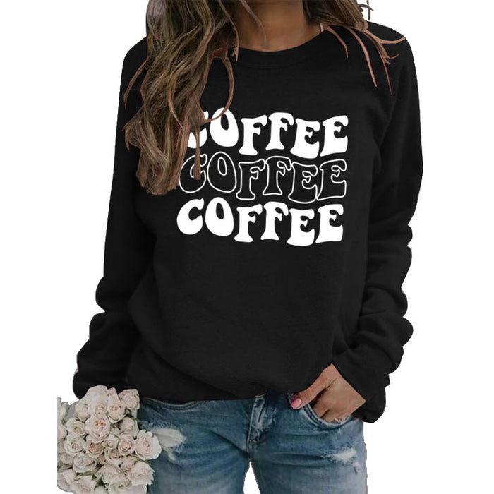 Round Neck Letter COFFEE Tops Women Long-sleeved Printed Loose Sweatshirt