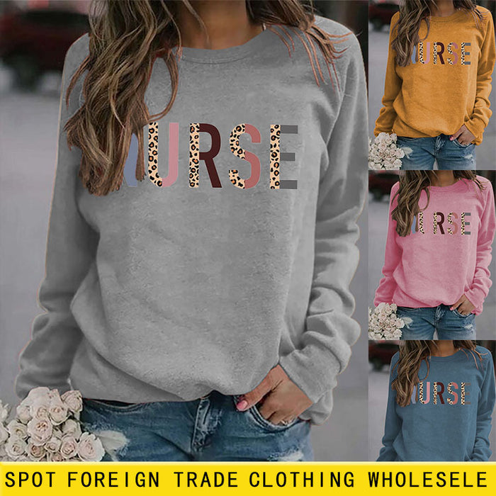 Round Neck Letter Top Long Sleeve Nurse Women's Printed Sweater