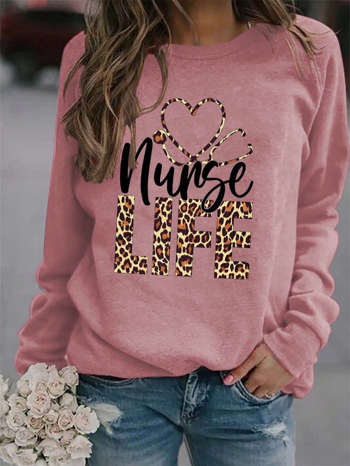 Round Neck Letter Tops Women's Long Sleeve Nunse Life Loose Sweatshirt