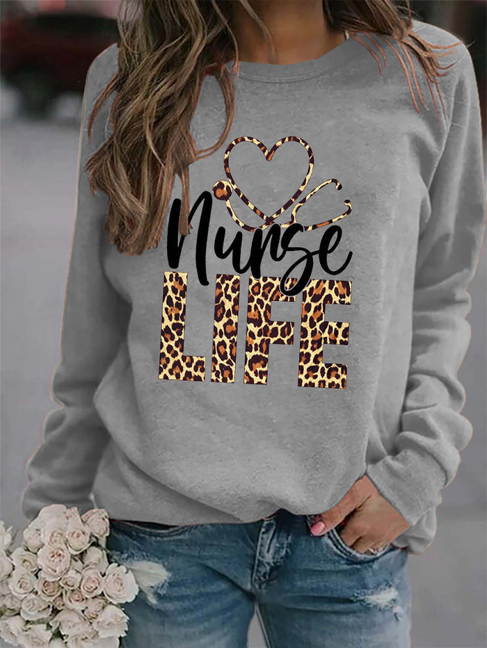 Round Neck Letter Tops Women's Long Sleeve Nunse Life Loose Sweatshirt