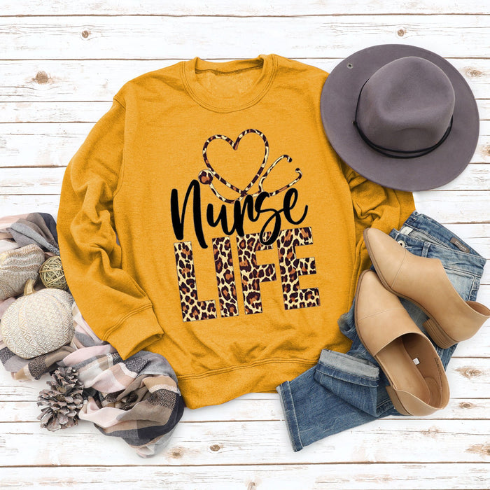 Round Neck Letter Tops Women's Long Sleeve Nunse Life Loose Sweatshirt