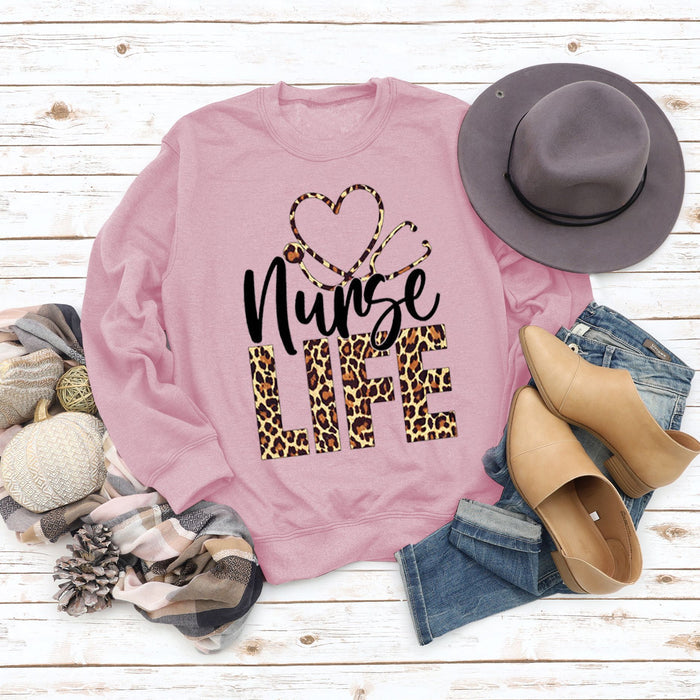 Round Neck Letter Tops Women's Long Sleeve Nunse Life Loose Sweatshirt