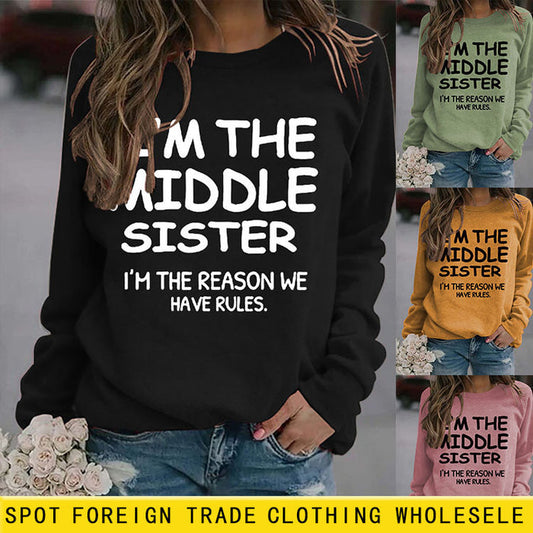 Round Neck Letter Women's Long Sleeve I'M THE MIDDLE Print Loose Sweatshirt