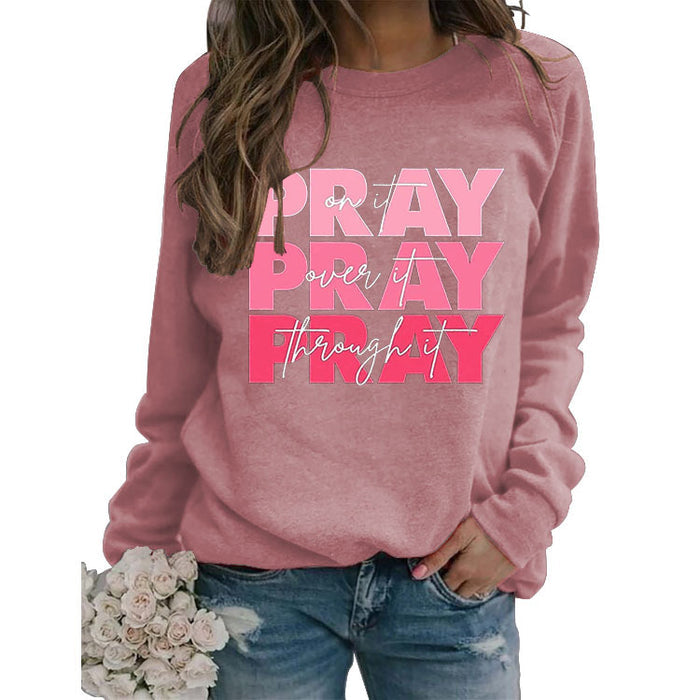 Round Neck Tops Long Sleeve PRAY Onit PRAY Oues It Printed Sweatshirt