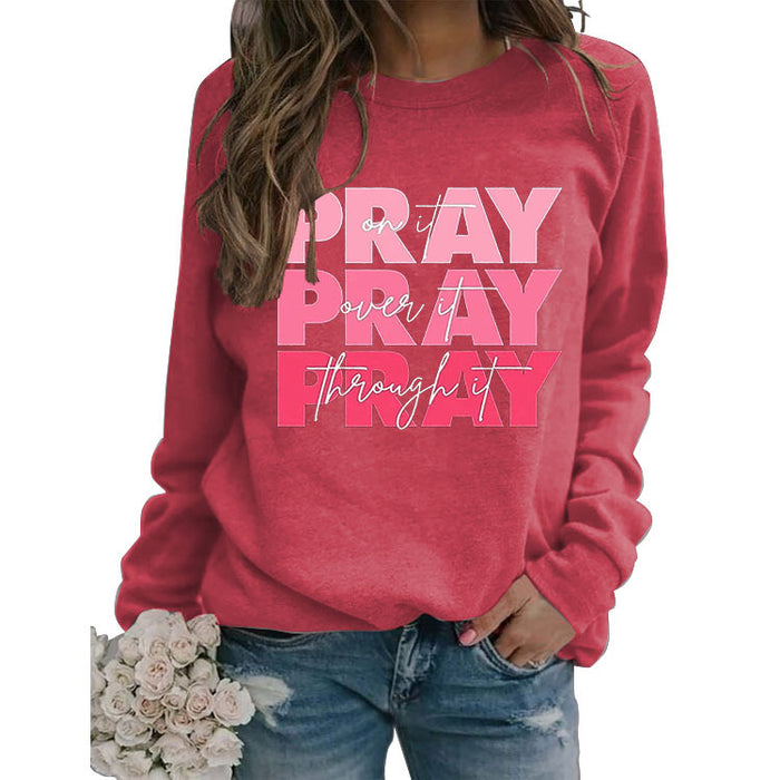 Round Neck Tops Long Sleeve PRAY Onit PRAY Oues It Printed Sweatshirt