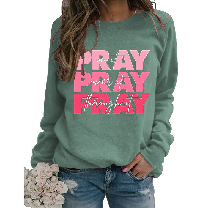 Round Neck Tops Long Sleeve PRAY Onit PRAY Oues It Printed Sweatshirt