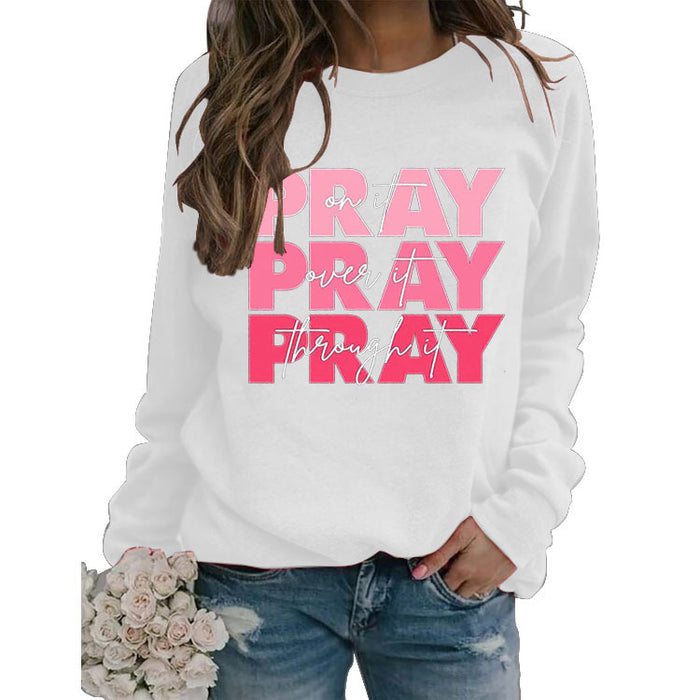Round Neck Tops Long Sleeve PRAY Onit PRAY Oues It Printed Sweatshirt