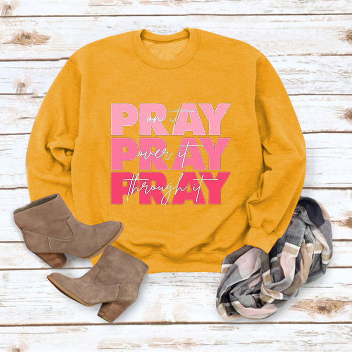 Round Neck Tops Long Sleeve PRAY Onit PRAY Oues It Printed Sweatshirt