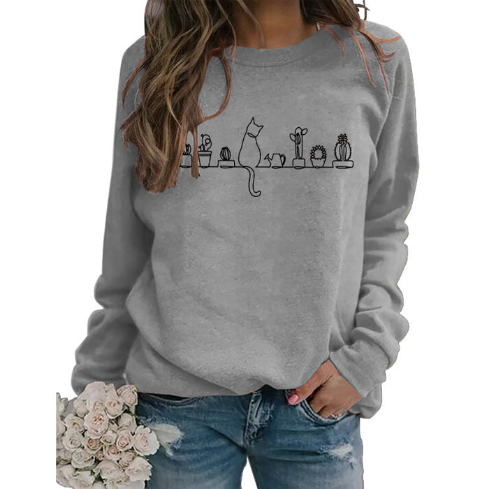 Round Neck Tops Long Sleeve Print Loose Sweatshirt