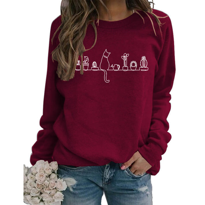 Round Neck Tops Long Sleeve Print Loose Sweatshirt