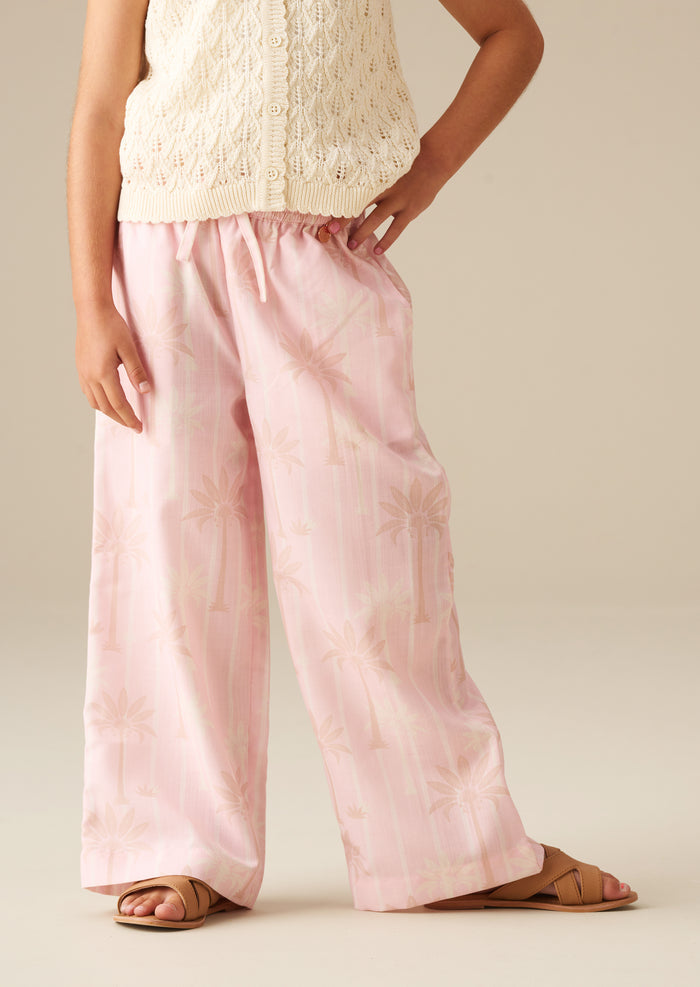 Sarah Pink Palm Print Tie Waist Trousers
