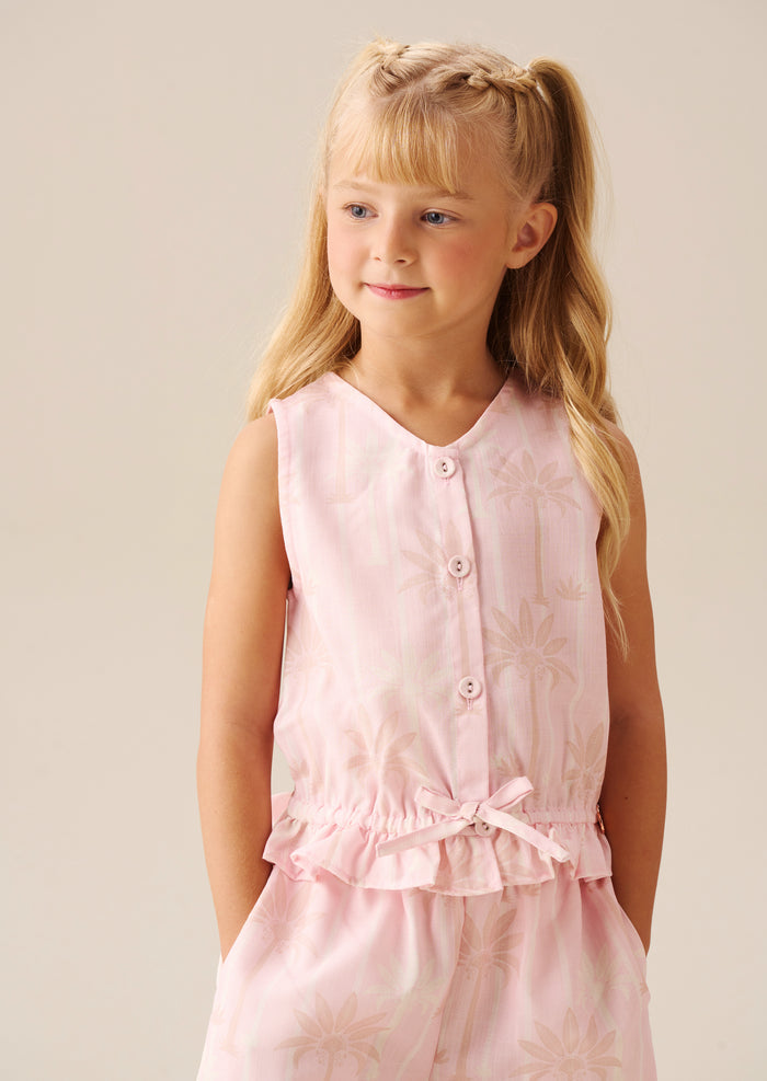 Sarah Pink Palm Print Tie Waist Waistcoat Top